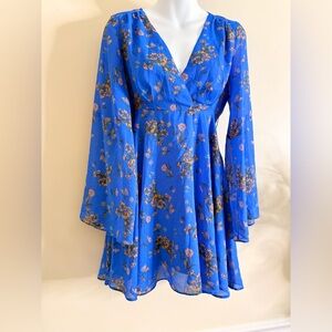 Free People Lilou Vibrant Blue Floral Long Sleeve Dress in‎ Cobalt Combo XS